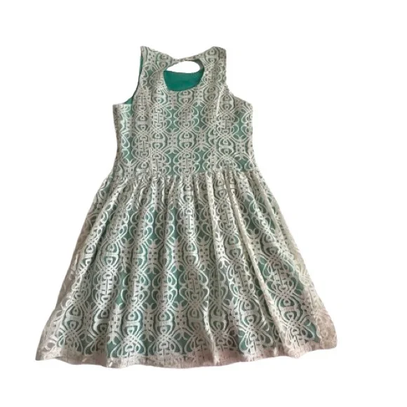 Pinky Women L Green Off White Lace Overlay Sleeveless Mini/Midi Round Neck Dress - Picture 6 of 16